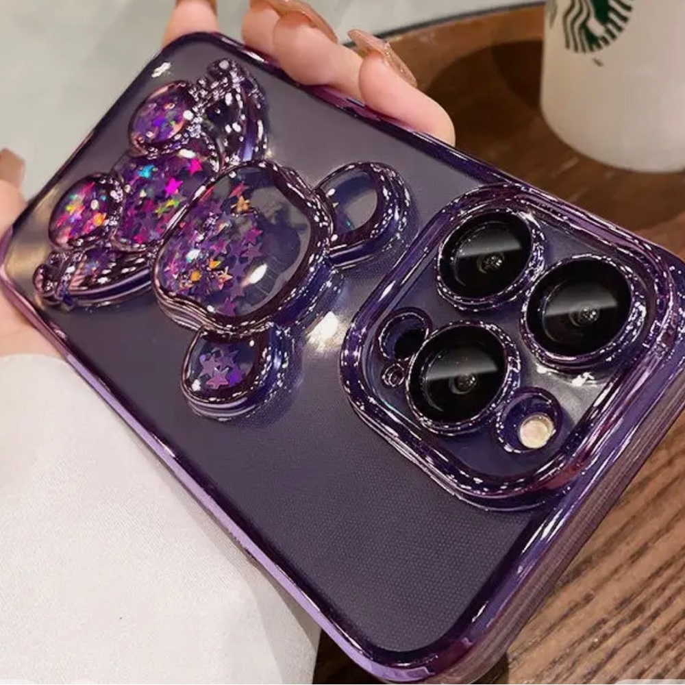 Cartoon Bear Quicksand Case for iPhone 14 Pro Mac Lens Protective